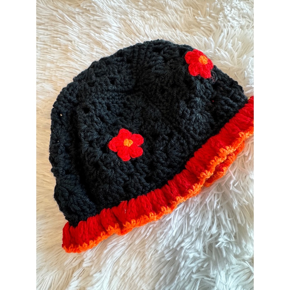 Handmade Crochet Bucket Hat Black Red Orange Floral Ruffle Brim Boho Festival